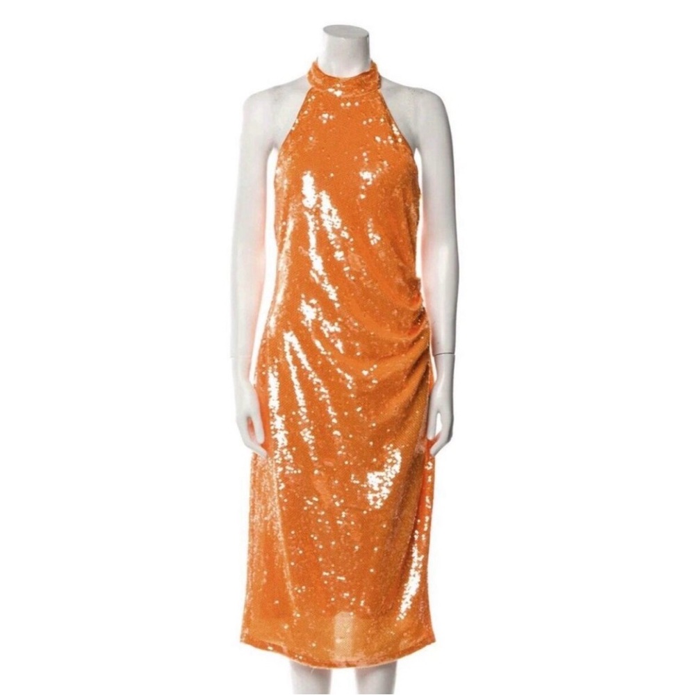 Caroline Constas Vibrant Orange Sequin Midi Dress